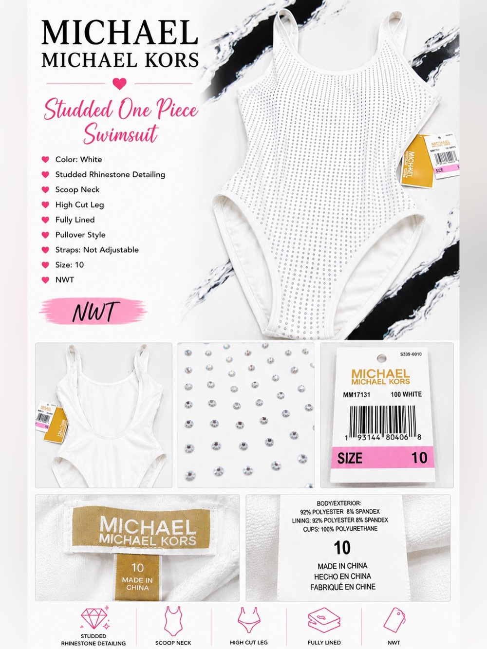 Michael Kors White Rhinestone One Piece Swimsuit NWT Size 10